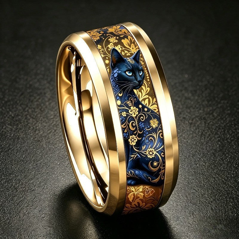 Blue Floral Black Cat Band Ring