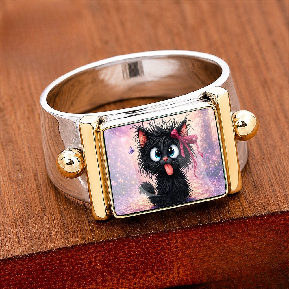 Black Cat Starry Square Ring