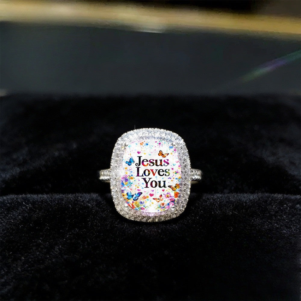 Colorful Butterfly Jesus Square Ring