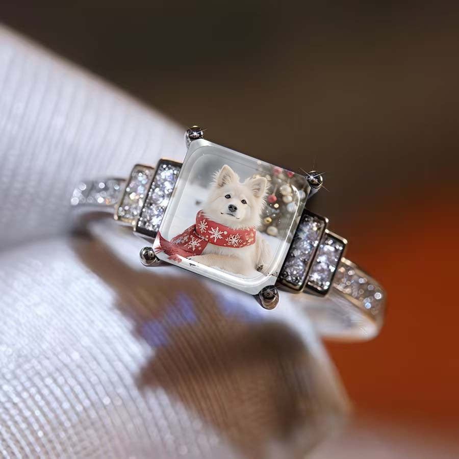 White Dog Snowflake Square Ring
