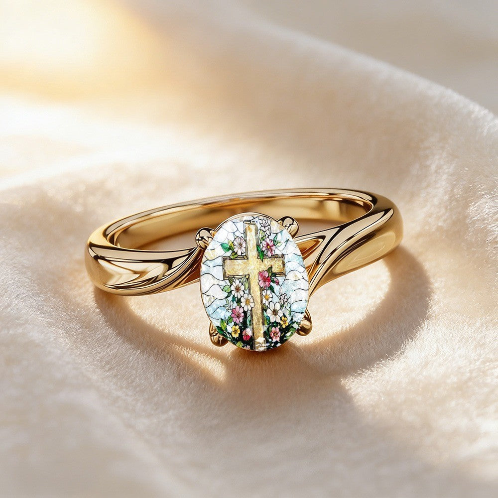 Floral Cross Oval Ring