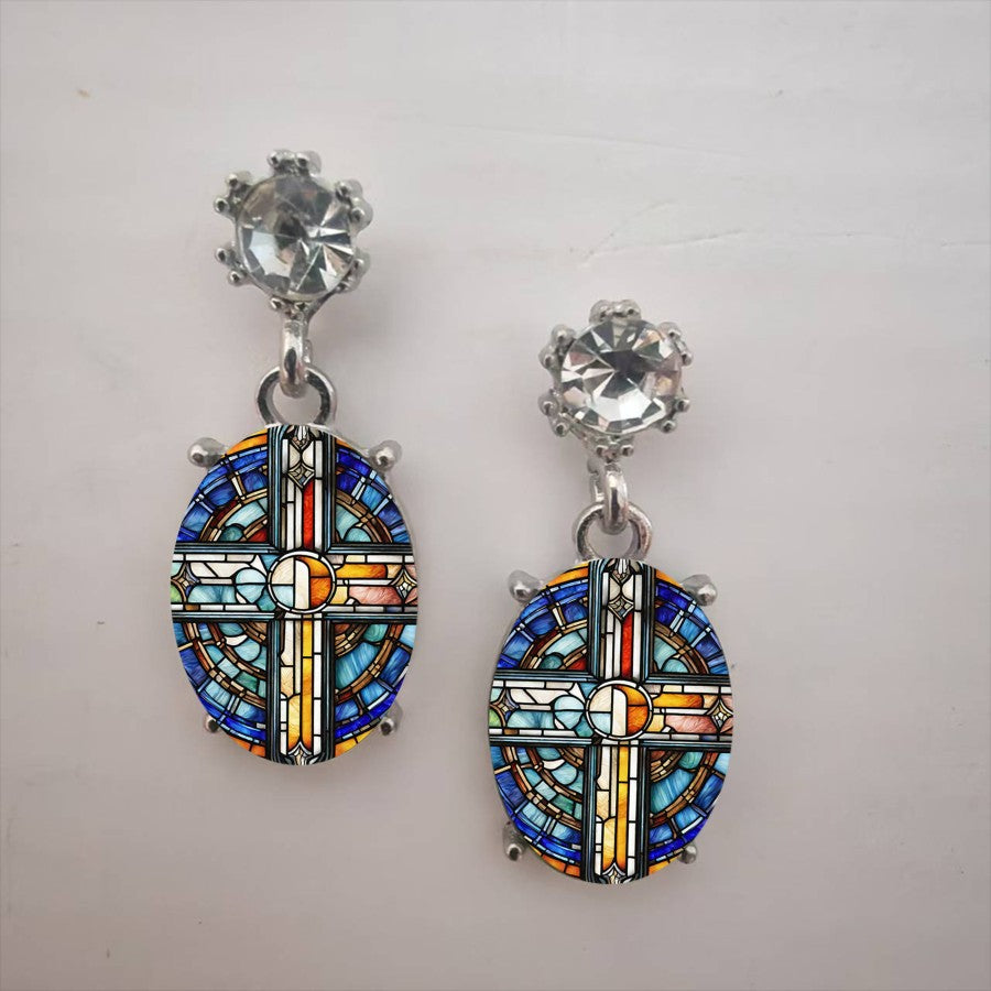 Stained Glass Oval Cross Earrings