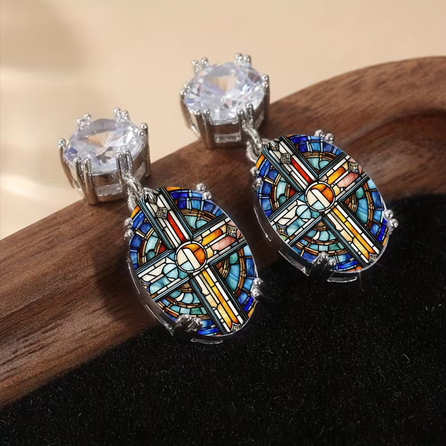 Stained Glass Oval Cross Earrings