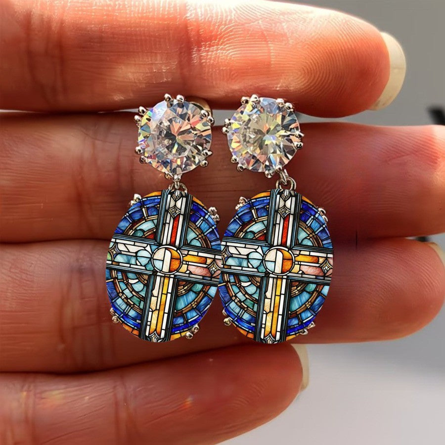 Stained Glass Oval Cross Earrings
