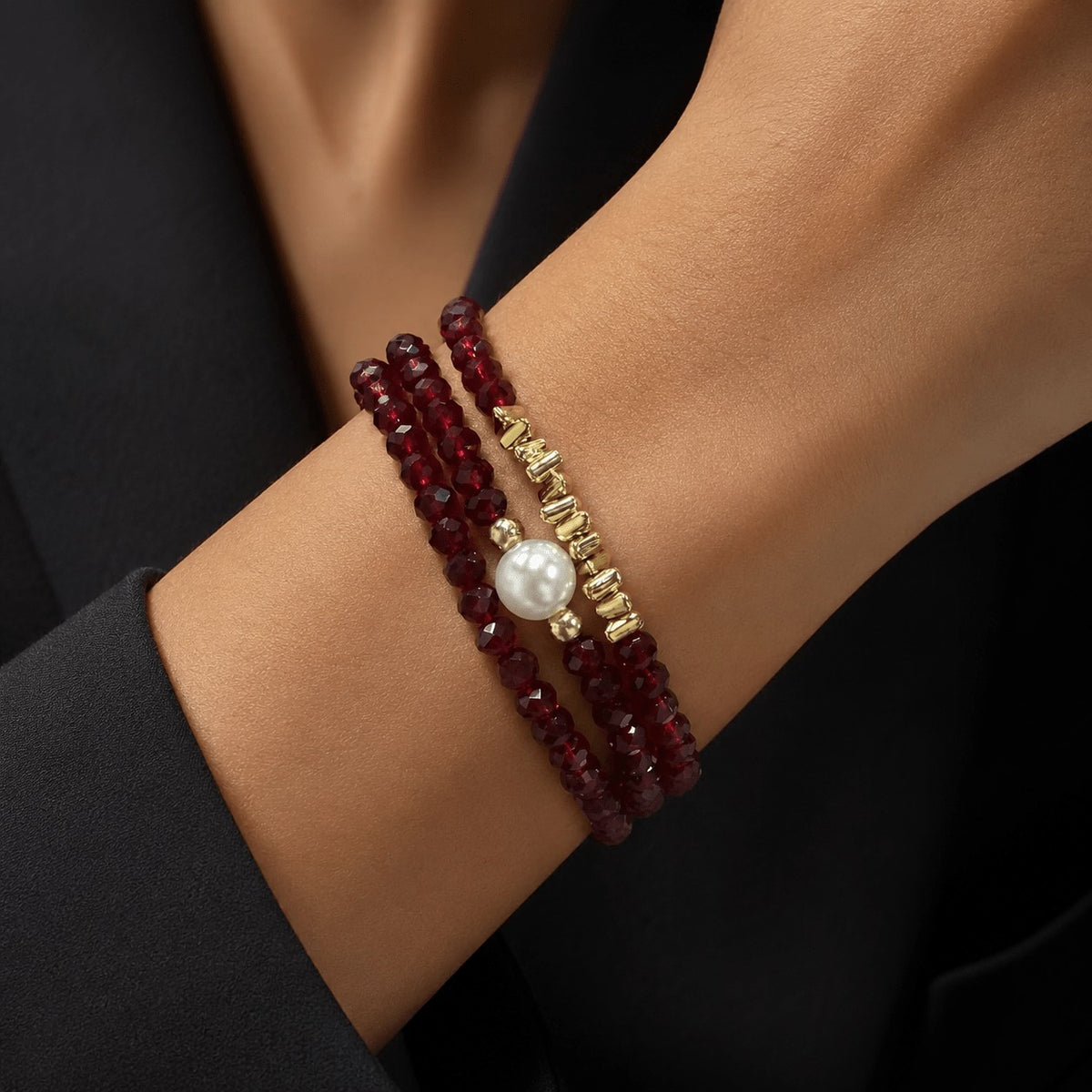Burgundy Bead & Pearl Bracelet Set