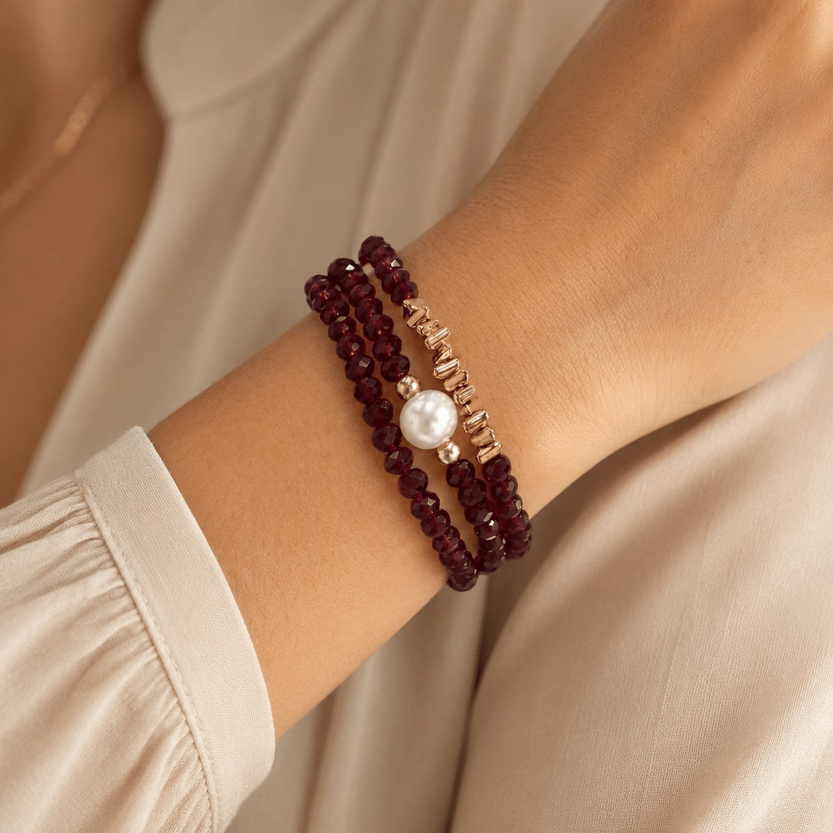 Burgundy Bead & Pearl Bracelet Set