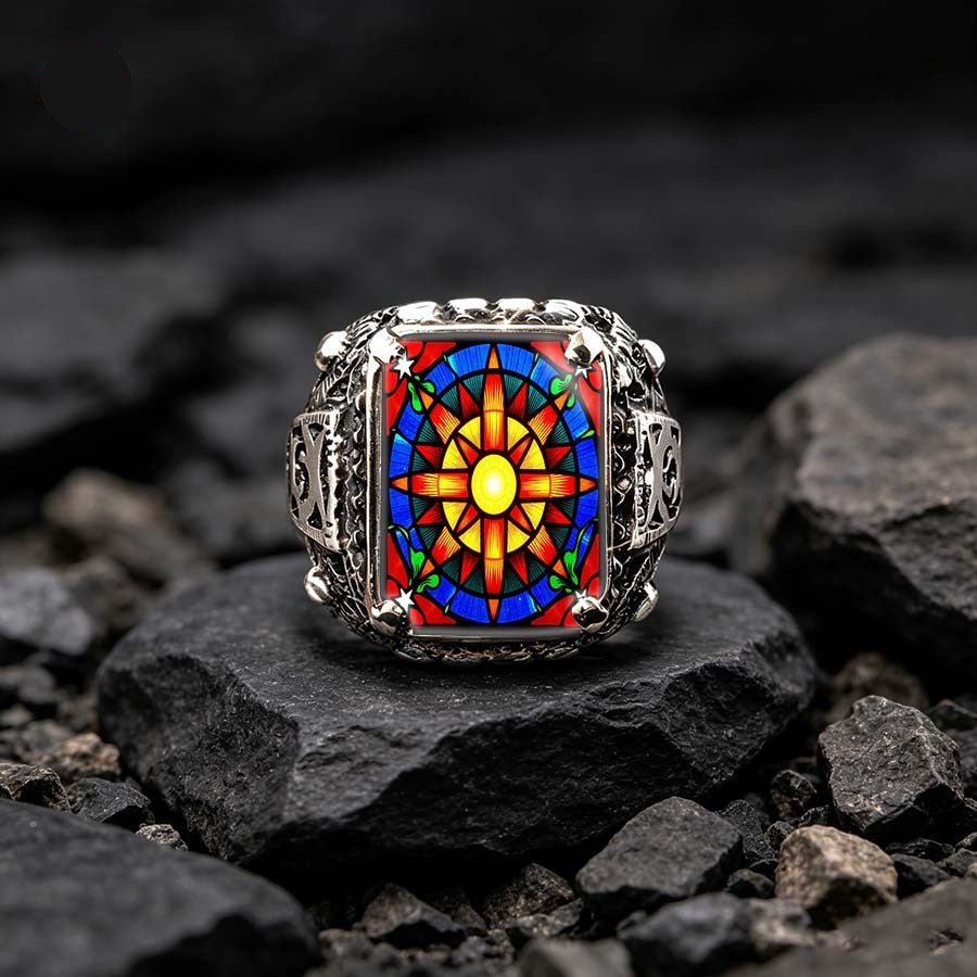 Stained Glass Sunburst Square Ring