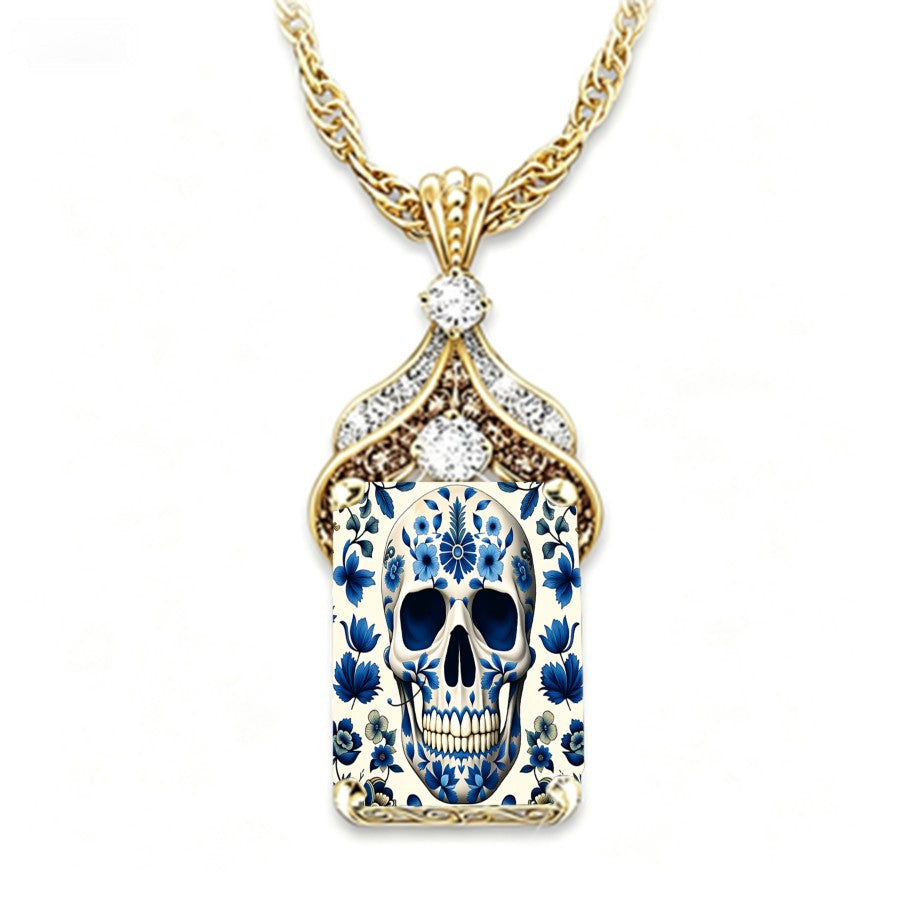 Blue Floral Skull Pendant Necklace