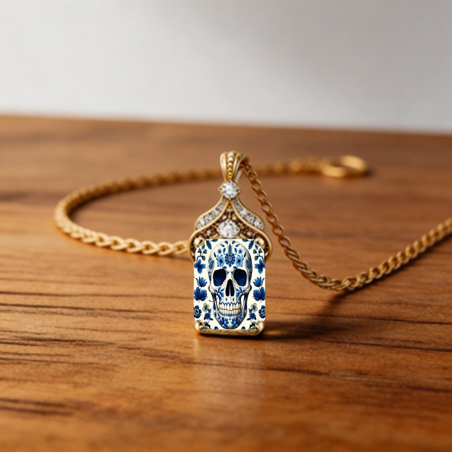 Blue Floral Skull Pendant Necklace
