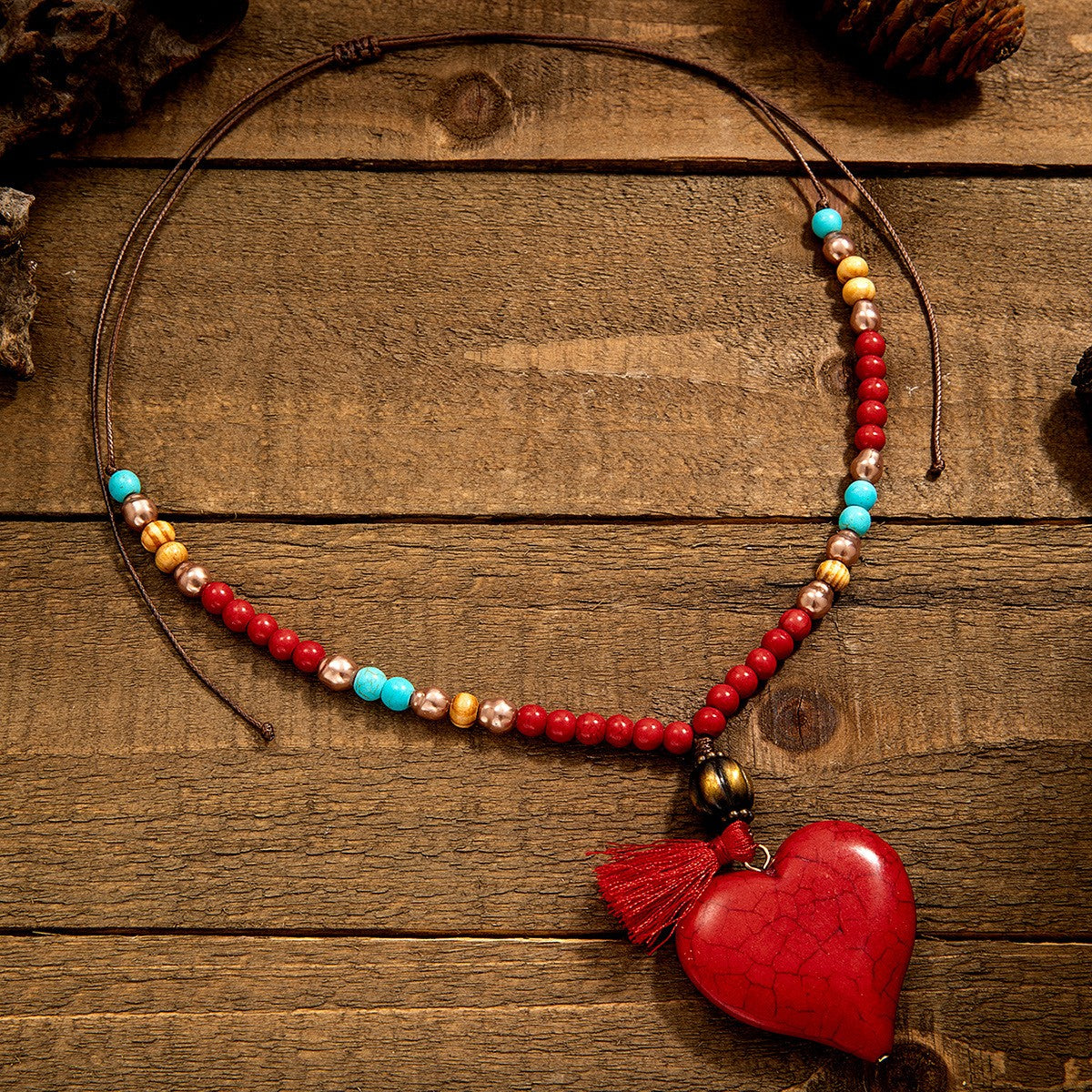Red Heart Tassel Beaded Necklace
