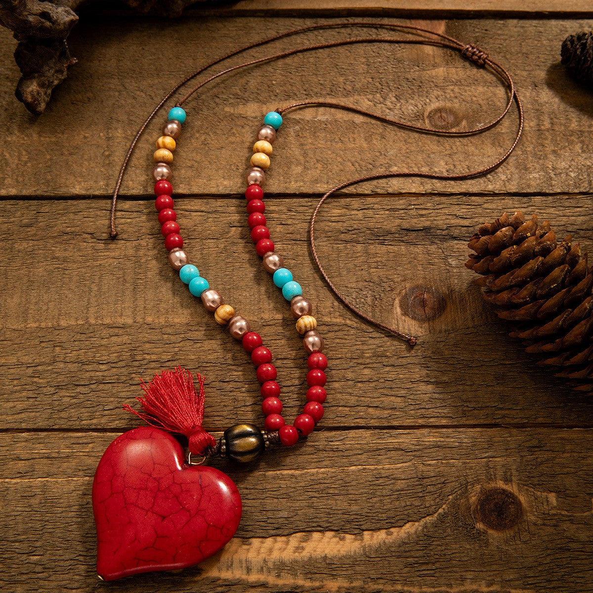 Red Heart Tassel Beaded Necklace