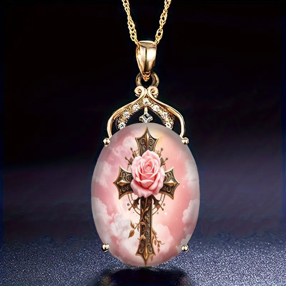 Pink Rose & Cross Oval Pendant Necklace