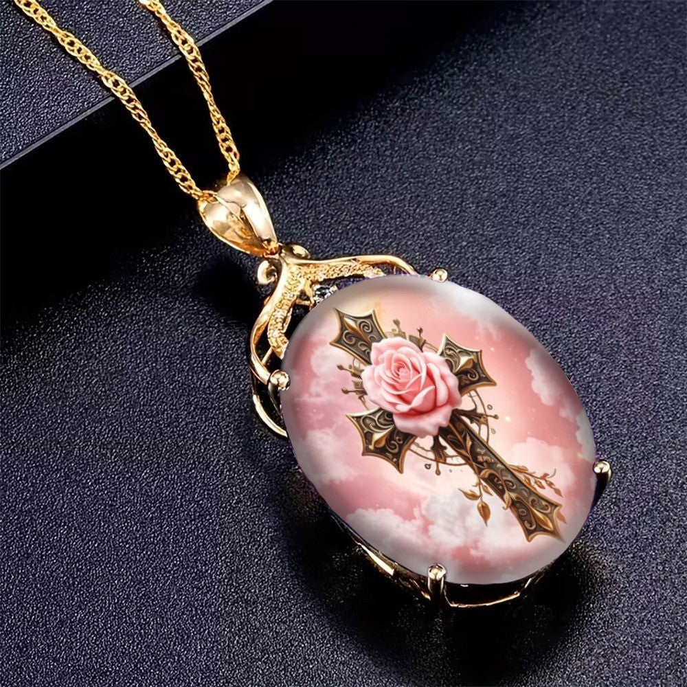 Pink Rose & Cross Oval Pendant Necklace