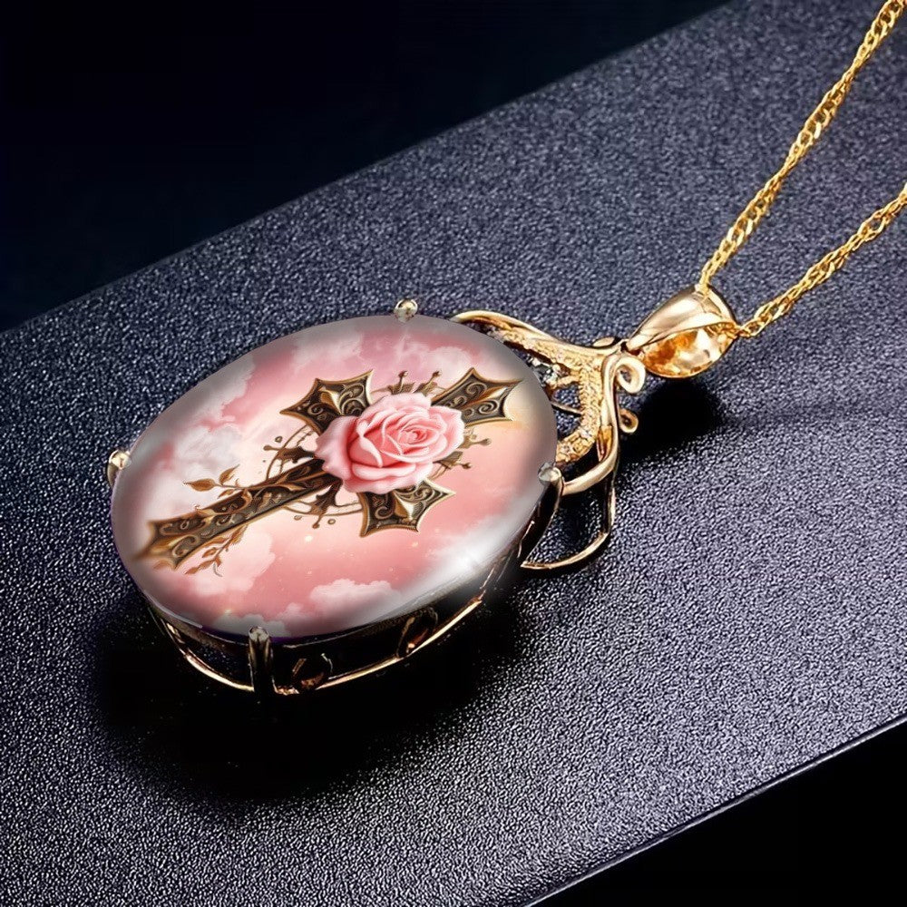Pink Rose & Cross Oval Pendant Necklace