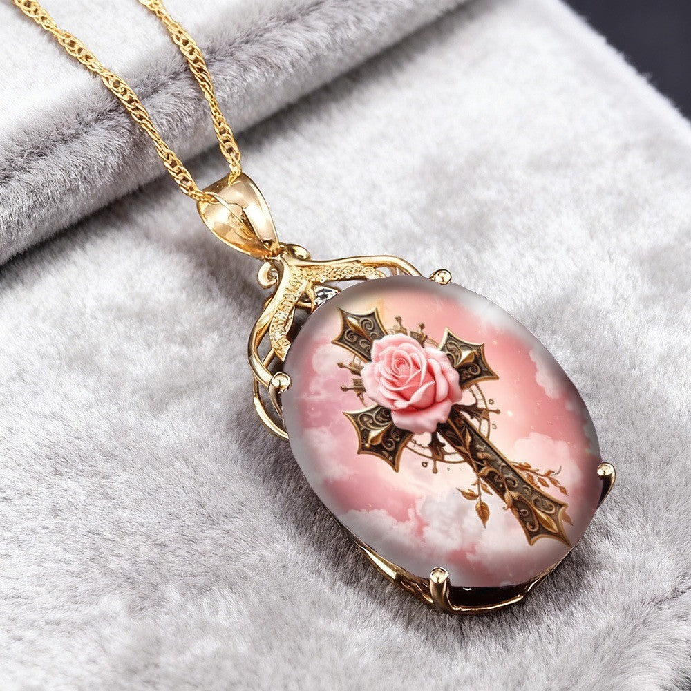 Pink Rose & Cross Oval Pendant Necklace