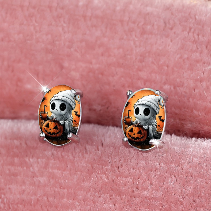 Halloween Ghost Pumpkin Oval Stud Earrings