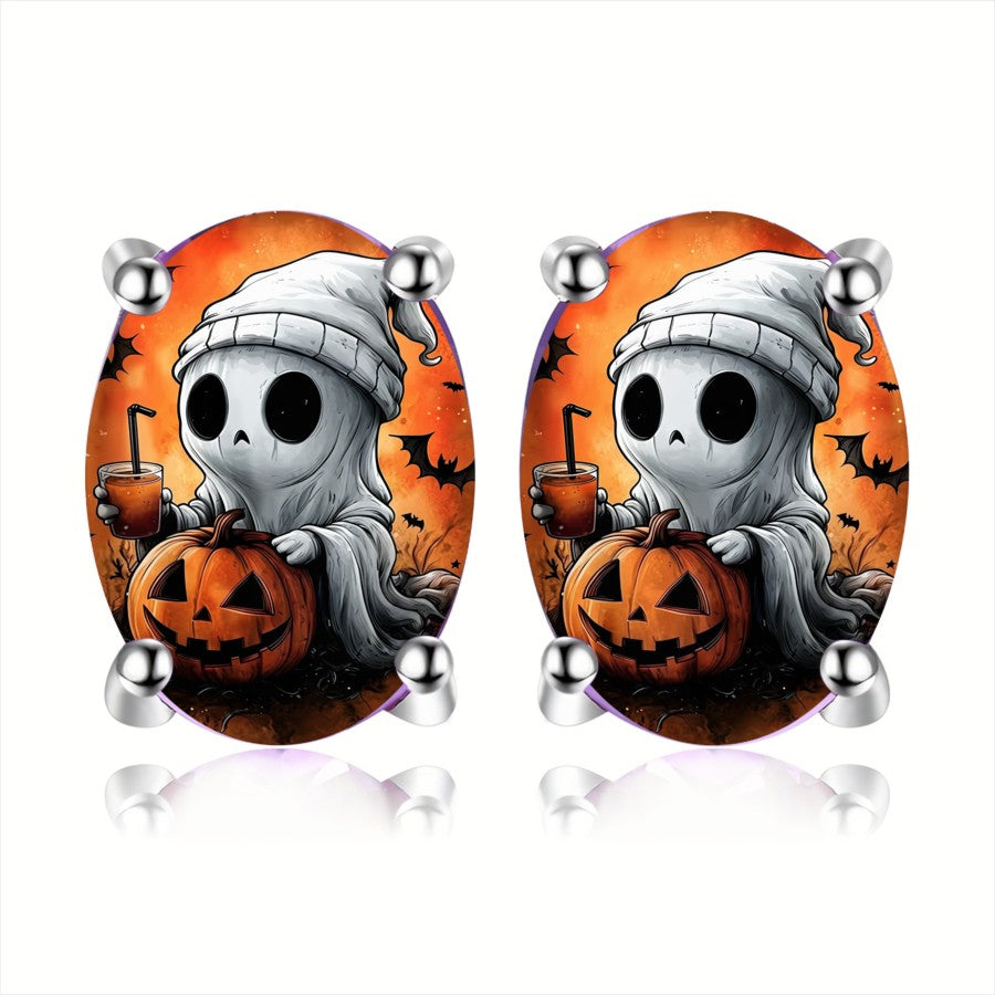 Halloween Ghost Pumpkin Oval Stud Earrings