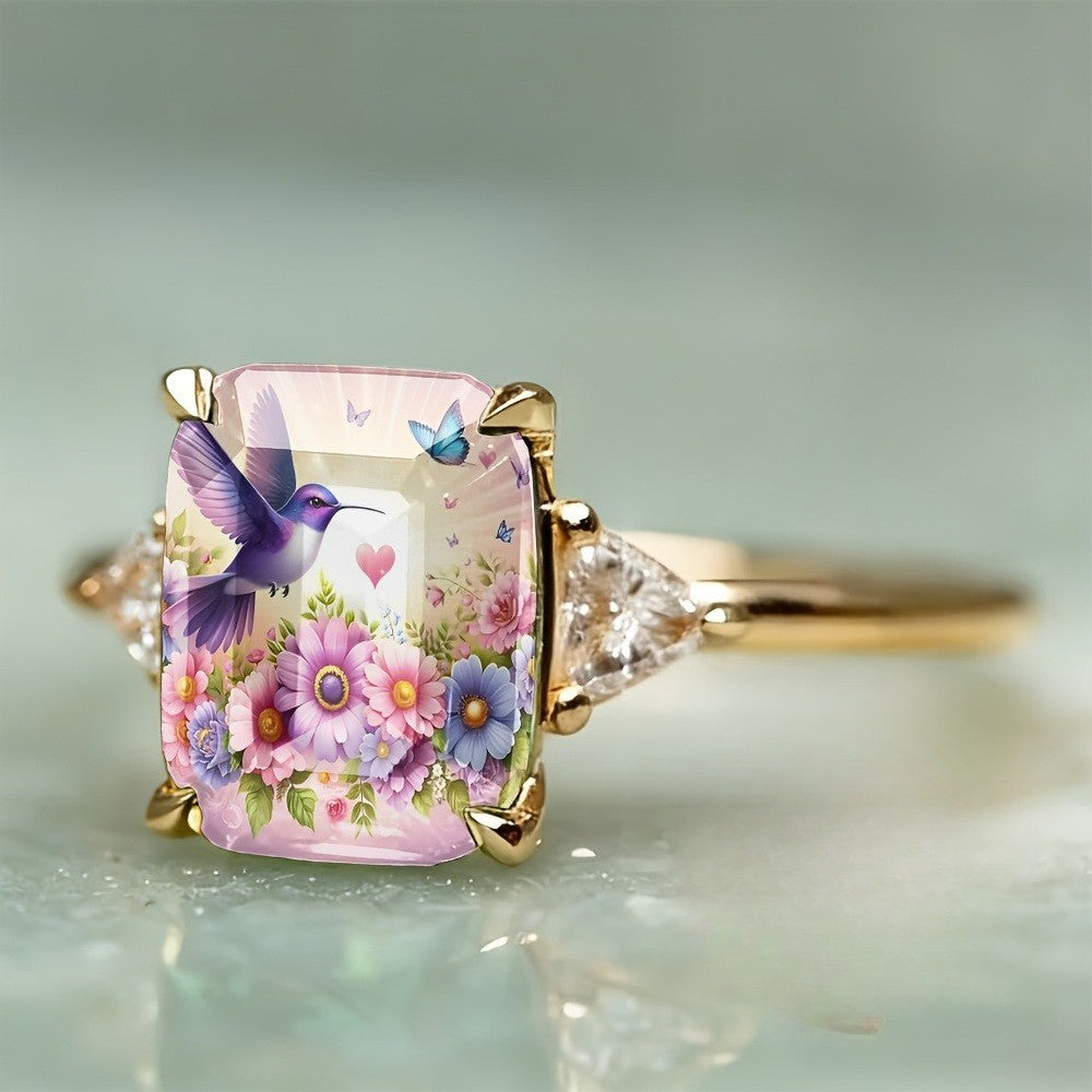 Hummingbird Floral Square Ring