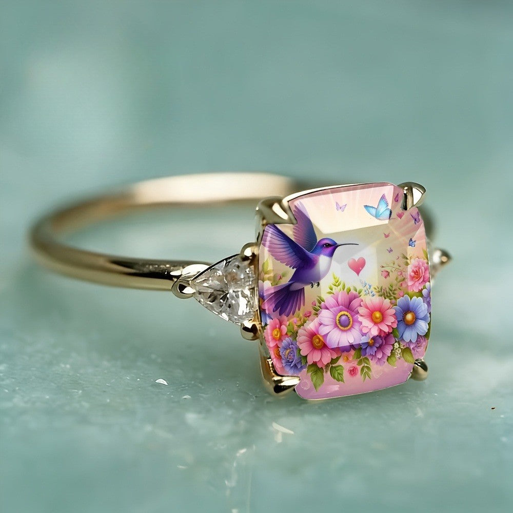 Hummingbird Floral Square Ring