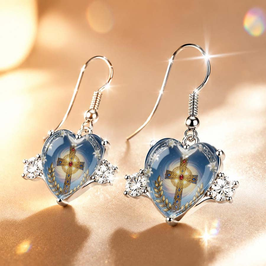 Glass Cross Heart Drop Earrings