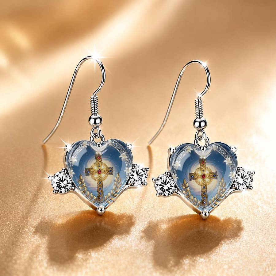 Glass Cross Heart Drop Earrings