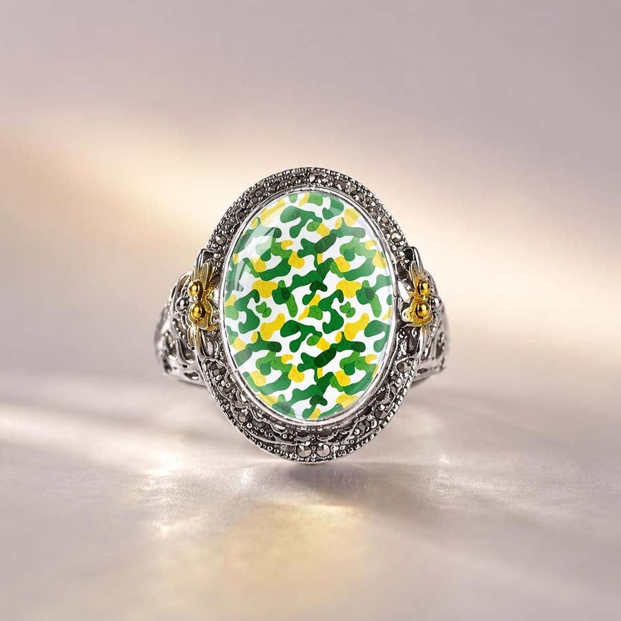 Green Camo Floral Statement Ring