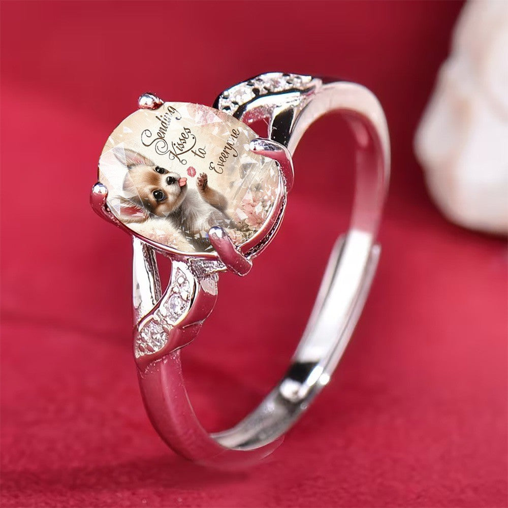 Puppy Oval Glass Ring
