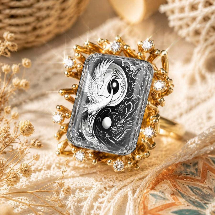 Yin Yang Crane & Dragon Square Ring