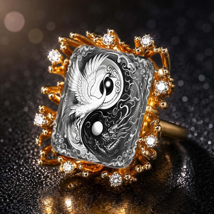 Yin Yang Crane & Dragon Square Ring