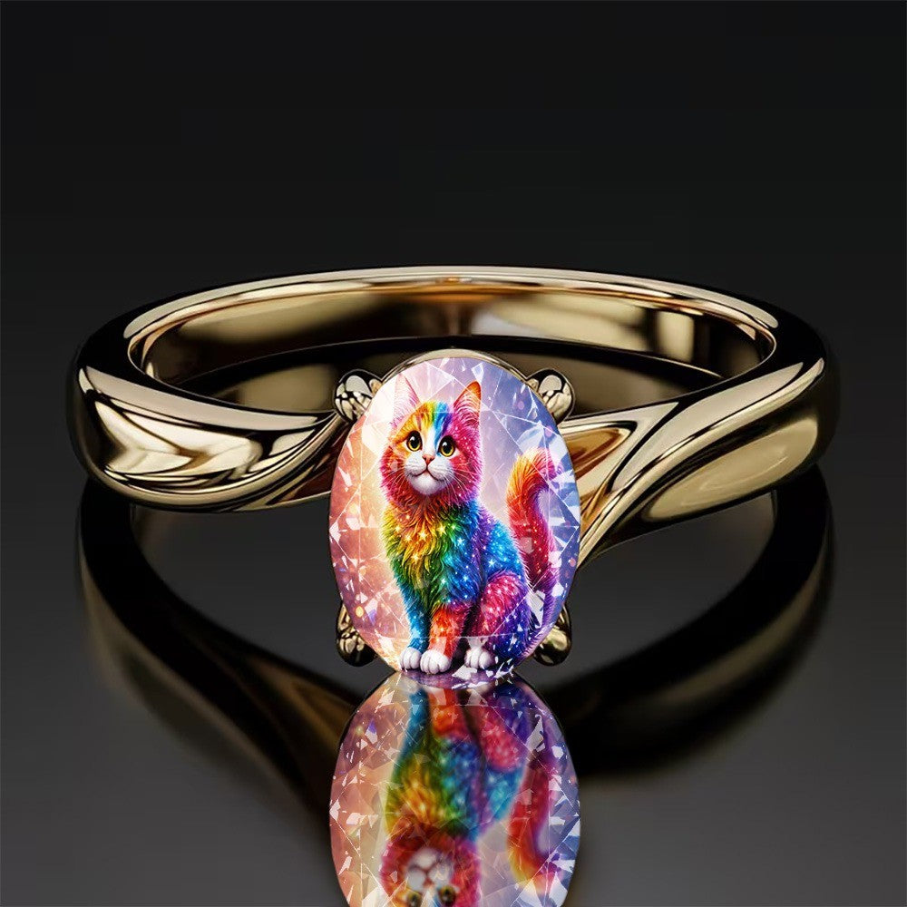 Rainbow Cat Glass Oval Ring