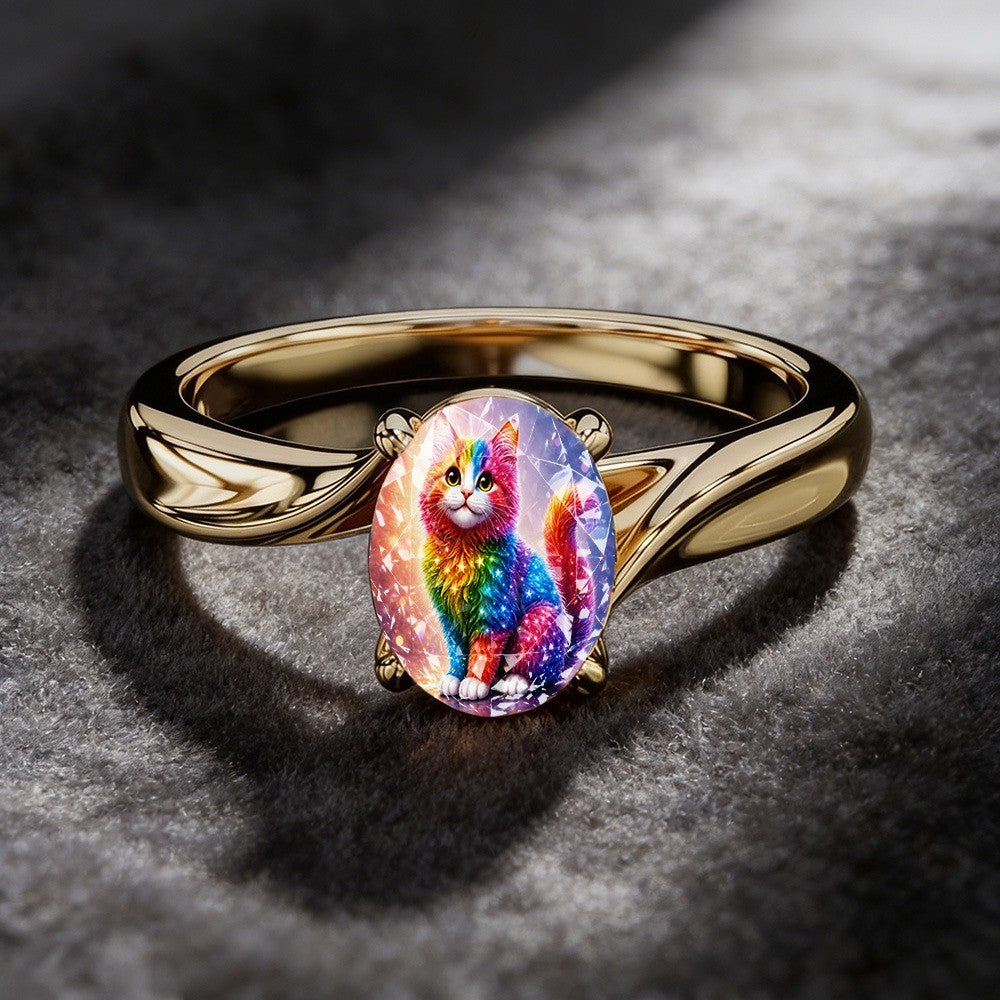 Rainbow Cat Glass Oval Ring