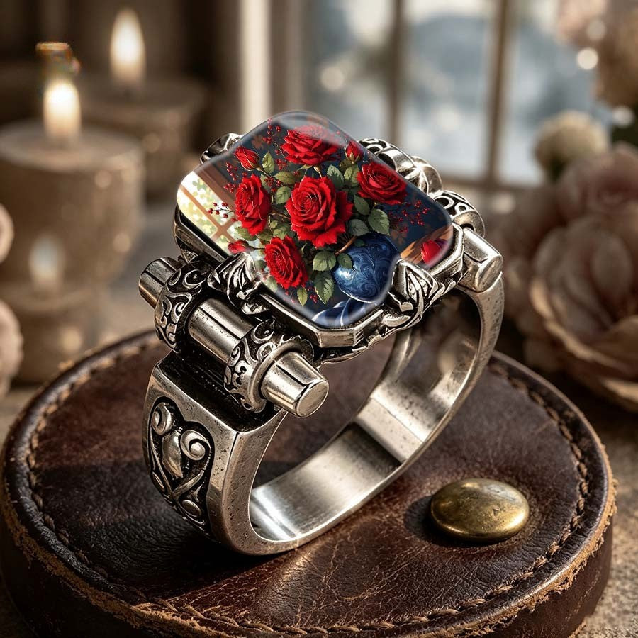 Red Rose & Blue Vase Square Ring
