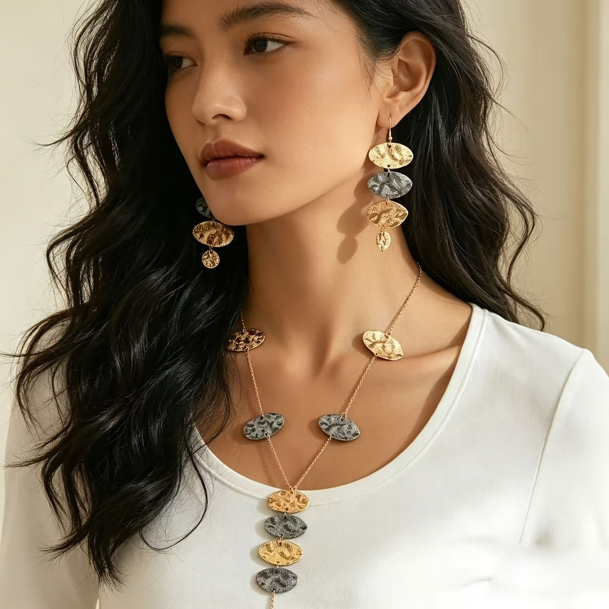 Textured Oval Disc Necklace & Earring Set