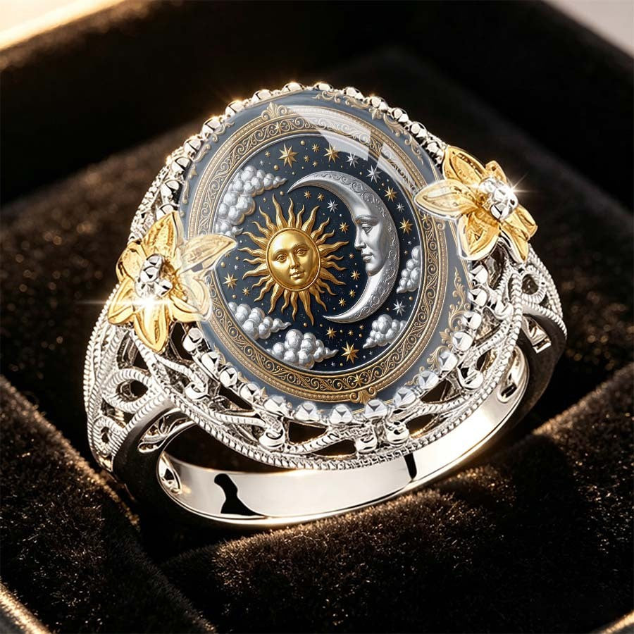 Celestial Sun Moon Flower Statement Ring
