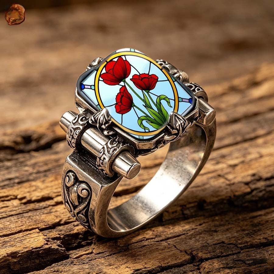 Red Tulip Stained Glass Rectangle Ring