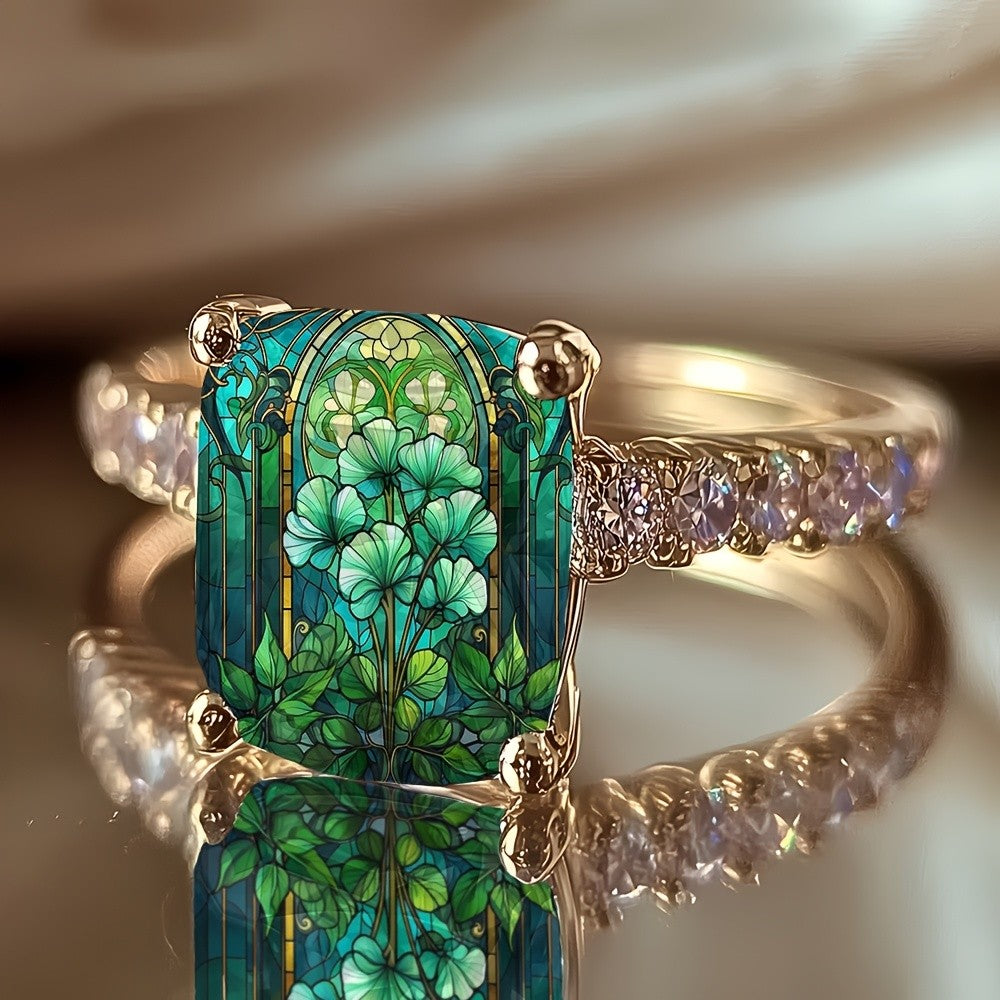 Floral Stained Glass Square Ring