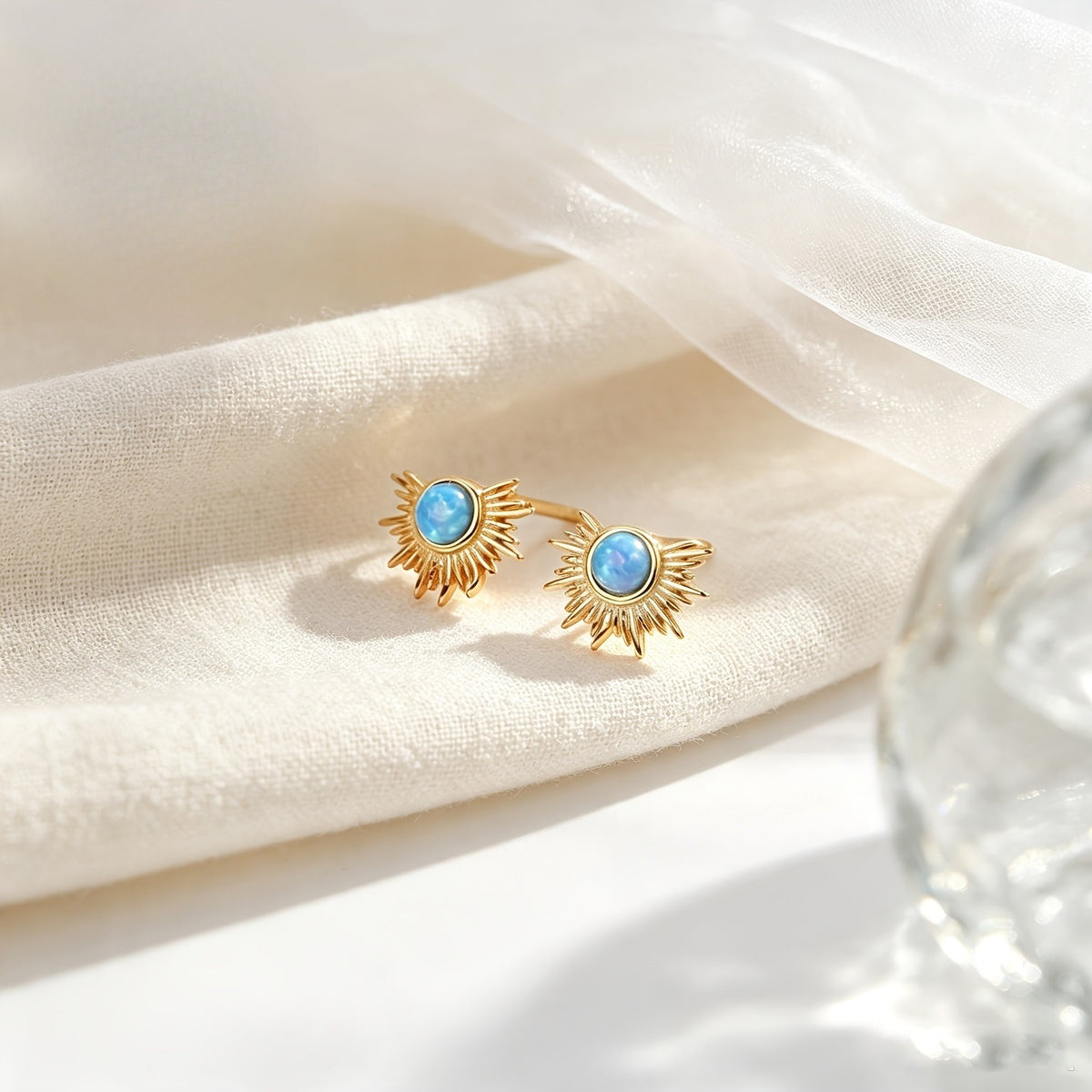 Blue Stone Sunburst Stud Earrings