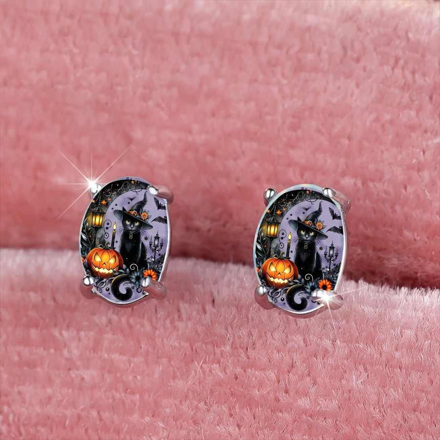 Black Cat Pumpkin Oval Earrings