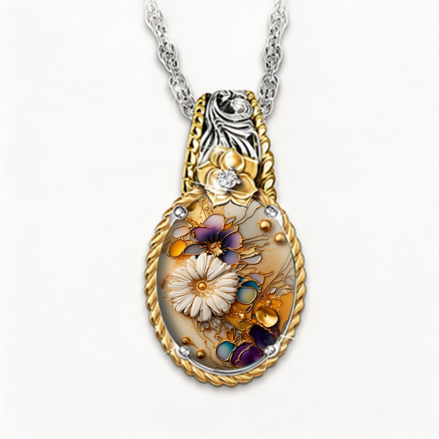 Two-Tone Floral Glass Pendant Necklace