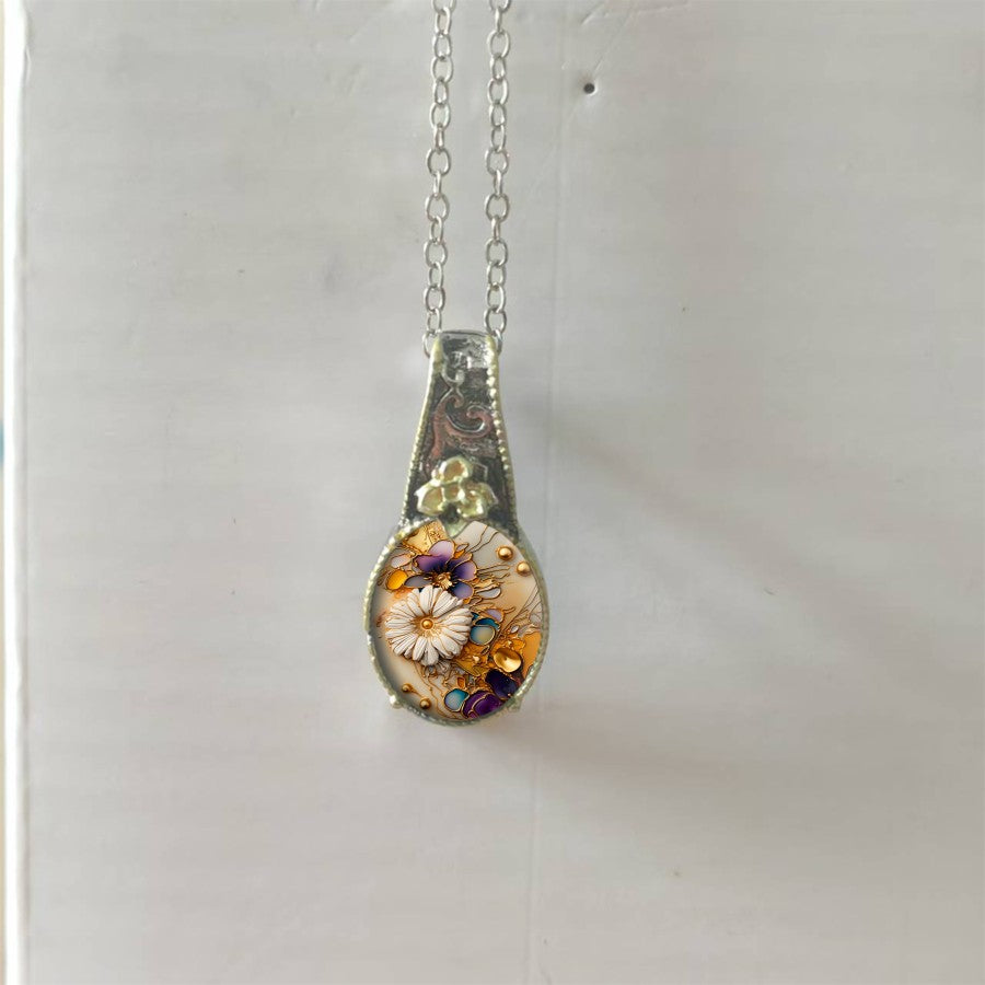 Two-Tone Floral Glass Pendant Necklace