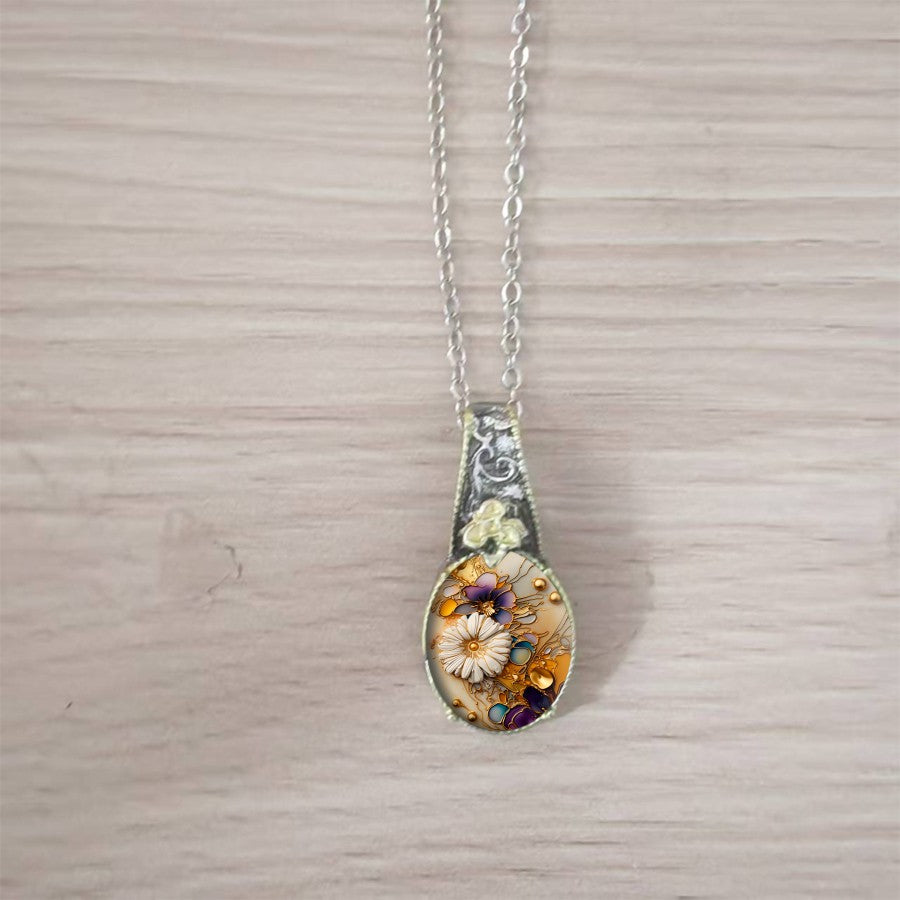 Two-Tone Floral Glass Pendant Necklace