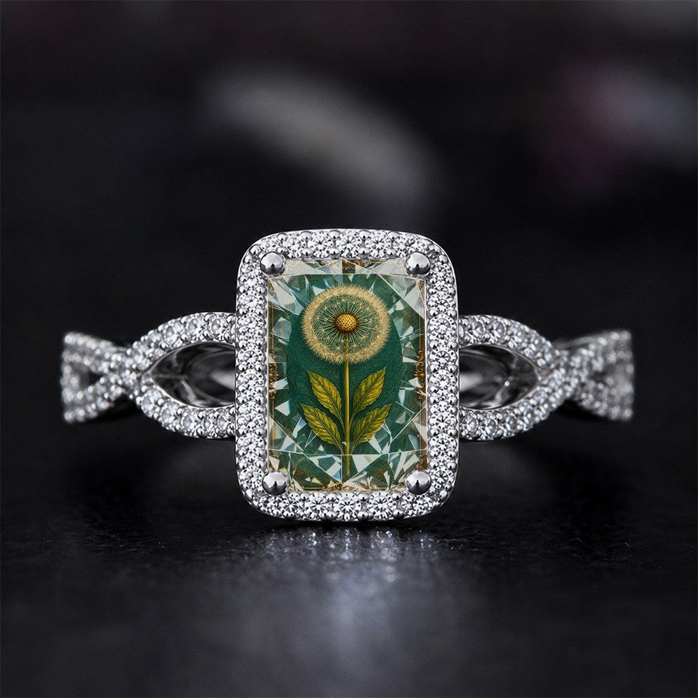 Green Dandelion Glass Square Ring