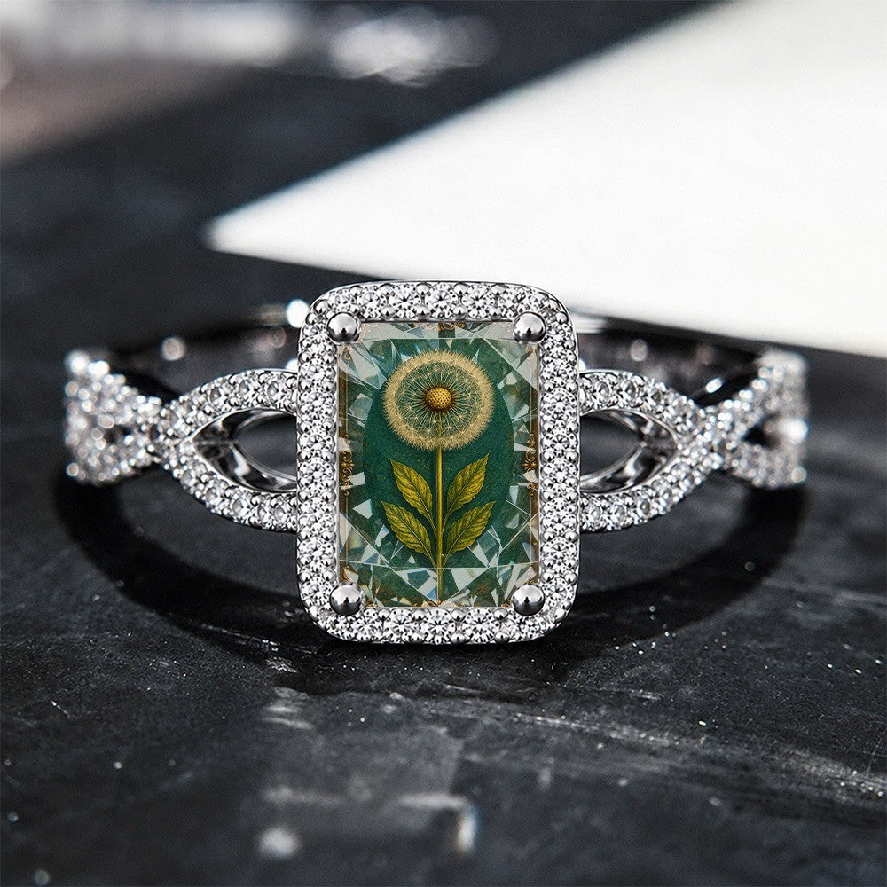 Green Dandelion Glass Square Ring