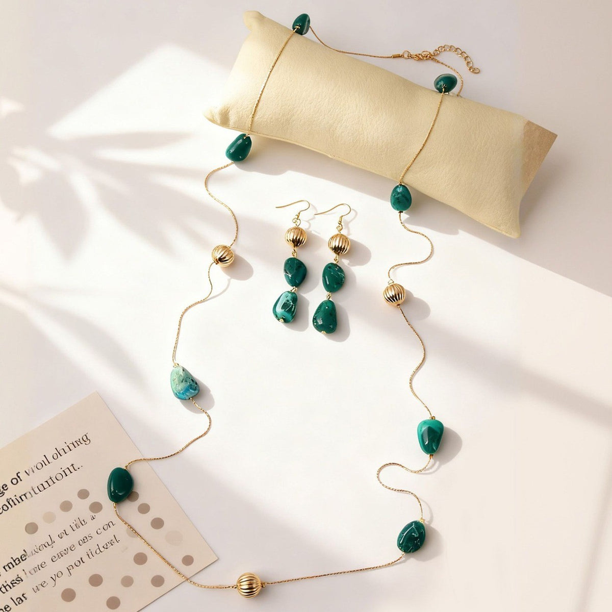 Green Stone Layered Necklace & Earring Set