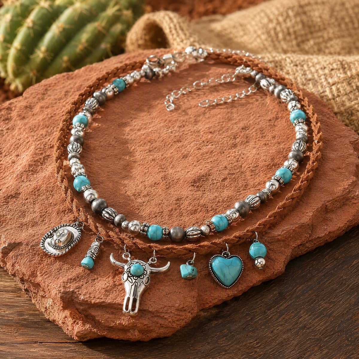 Turquoise Beaded Bull Head & Heart Necklace Set