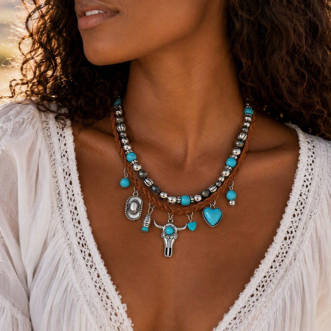 Turquoise Beaded Bull Head & Heart Necklace Set