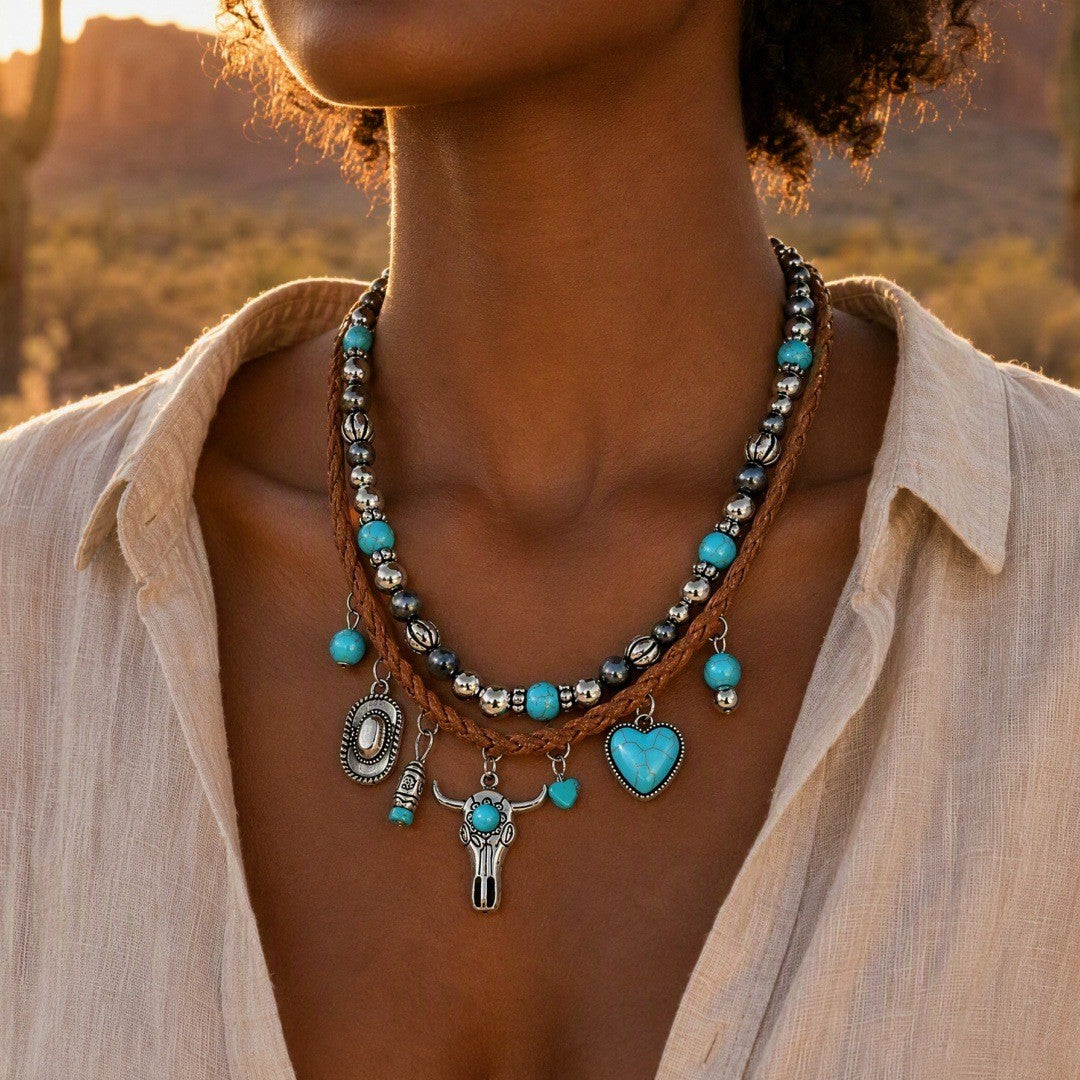 Turquoise Beaded Bull Head & Heart Necklace Set