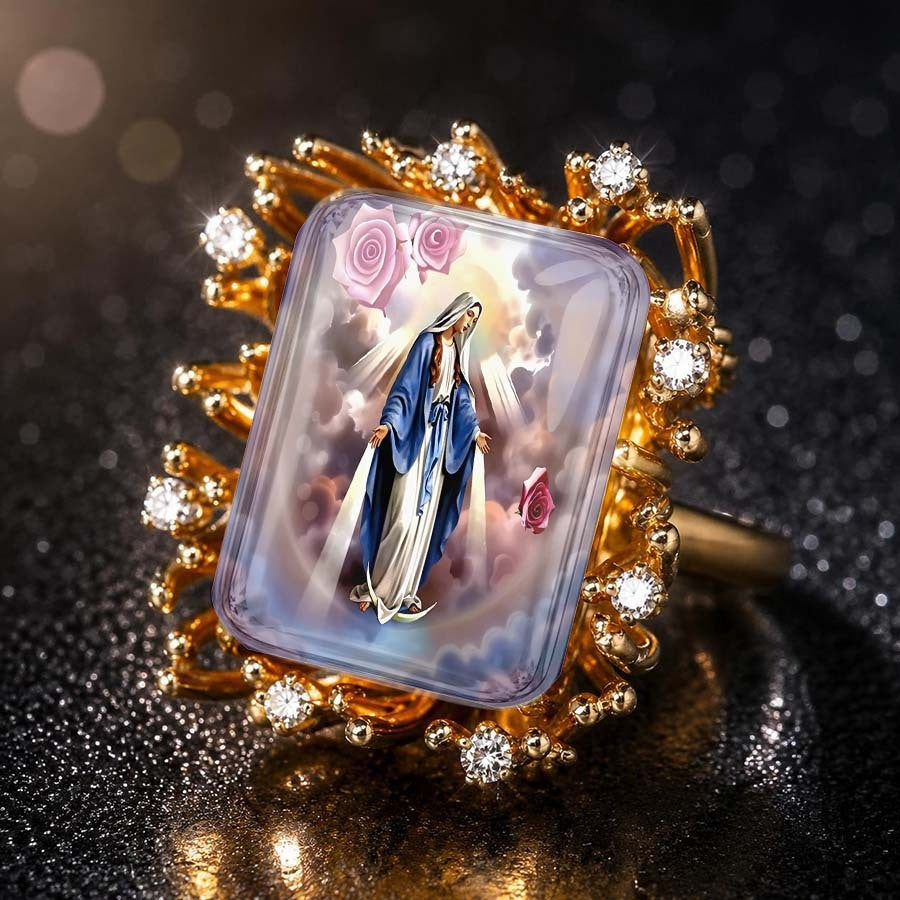 Virgin Mary & Pink Rose Square Ring