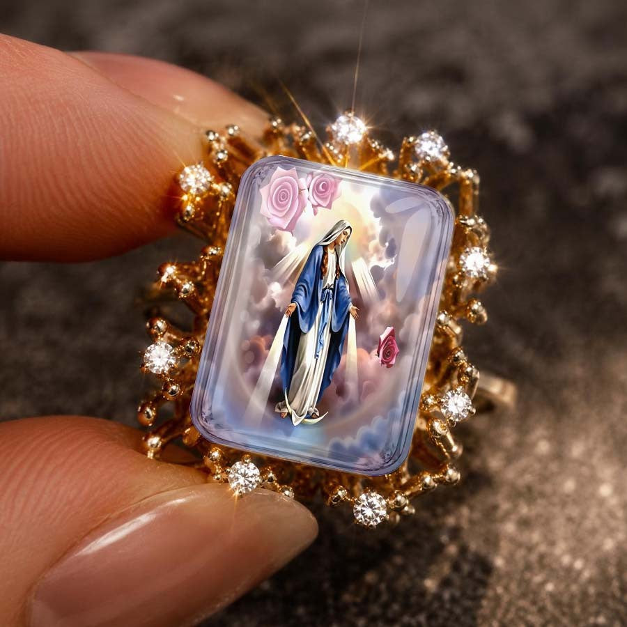 Virgin Mary & Pink Rose Square Ring