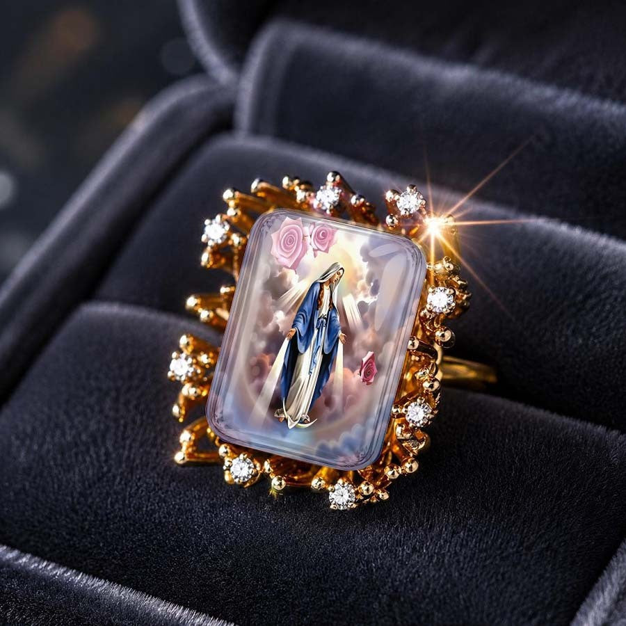 Virgin Mary & Pink Rose Square Ring
